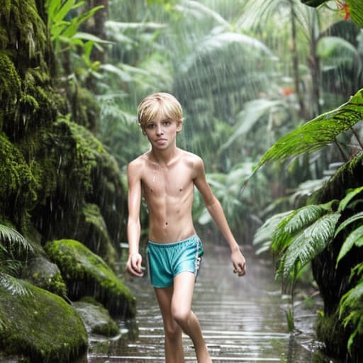  handsome thin graceful 12y blond boy walking barefoot through the rain forest, wearing only small skimpy trunks