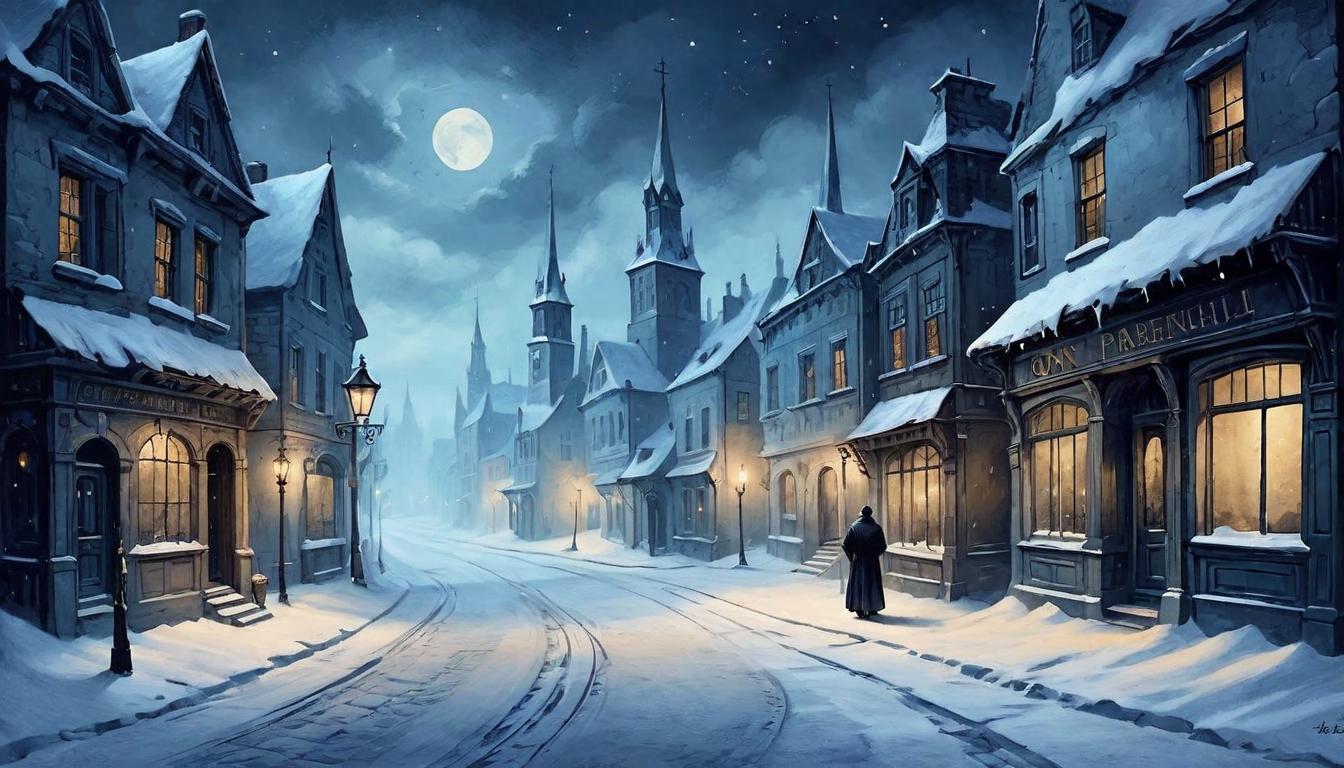  on parchment, surrealism+++, An empty street in a snow covered town at night, deserted, cold shoulder of the world, silent, haunting, untouched snow(mysterious, provocative, symbolic,muted color)+++