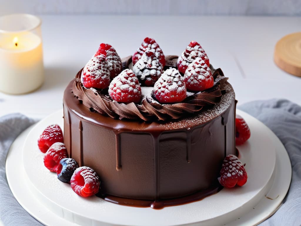  A closeup, ultradetailed image of a decadent vegan chocolate cake topped with fresh raspberries and drizzled with smooth, glossy chocolate ganache. The cake sits on a sleek, white minimalist plate, with a few scattered cocoa nibs adding a touch of texture and contrast. The lighting is soft, highlighting the rich, indulgent texture of the cake and the vibrant red of the raspberries, creating a mouthwatering and visually appealing composition that perfectly complements the informative and professional tone of the article. hyperrealistic, full body, detailed clothing, highly detailed, cinematic lighting, stunningly beautiful, intricate, sharp focus, f/1. 8, 85mm, (centered image composition), (professionally color graded), ((bright soft diffused light)), volumetric fog, trending on instagram, trending on tumblr, HDR 4K, 8K