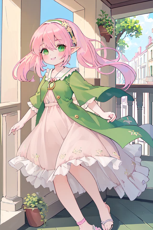  (Best masterpiece: 1.5),(Highest image quality),(Super detail),(Super precision),(Super beautiful CG),(8K),1girl,elf,solo,looking at viewer,blush,bangs,green eyes,hair between eyes,Smile,pink hair,twintail hair,hair parted in the center ,（close up）,headband,ONE PIECE,sandals,hair blowing in the wind,balcony ,midday sunshine,