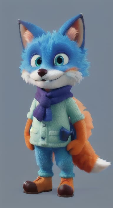  {Error the fox pressing the blue button with his paw, looking puzzled as nothing occurs., Error is a small, bright orange fox with a fluffy tail and big, inquisitive eyes. He has a mischievous yet kind expression and wears a tiny green scarf.