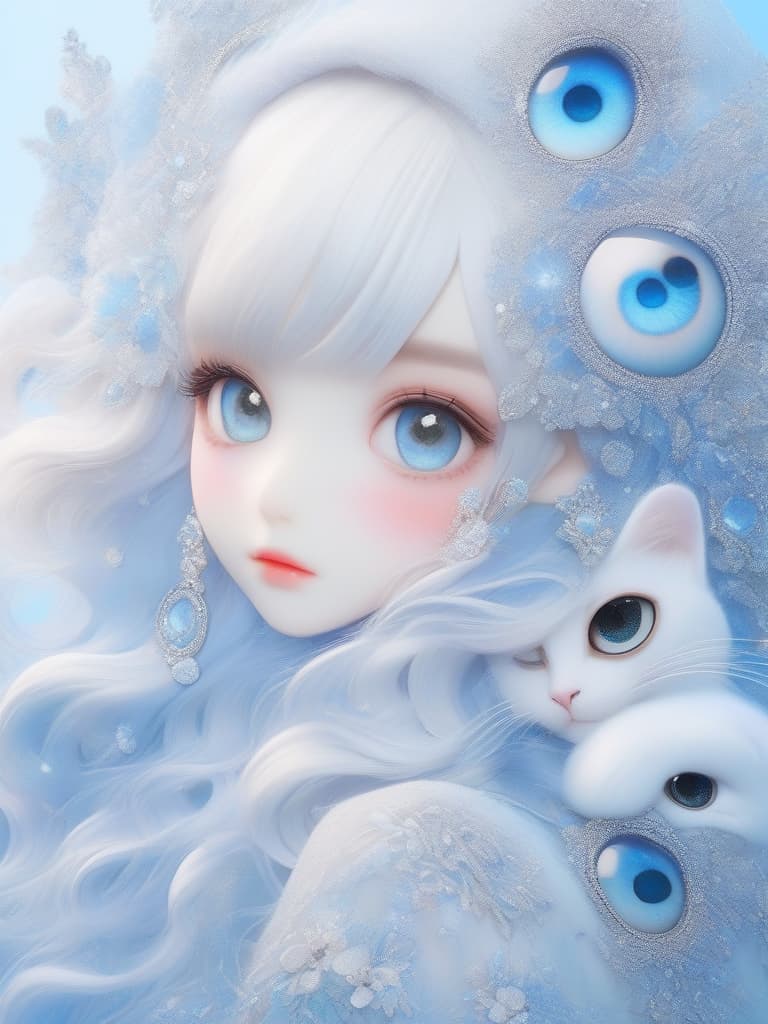  Glitter, fluffy white to beautiful light blue gradation, large round eyes, beautiful clothes with shoulder opening, big eyes with beautiful motifs, , masterpiece, best quality,8k,ultra detailed,high resolution,an extremely delicate and beautiful,hyper detail