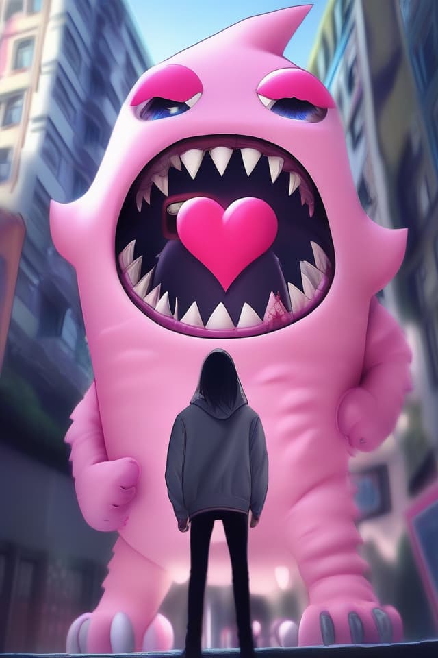  Large than the buildings (not needed, humans do not draw), MONSTER, Masterpiece, Mouth with Zipper, Pink Monster, Not Scary, Handsomely Clad Heart, IN A Group of Buildings Ulity, 8k, 16k