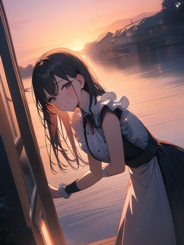  Gles, black hair, ided, maid, gles , sober, smile, good work, dual residence, sunset, big s, big s, masterpiece, best quality,8k,ultra detailed,high resolution,an extremely delicate and beautiful,hyper detail