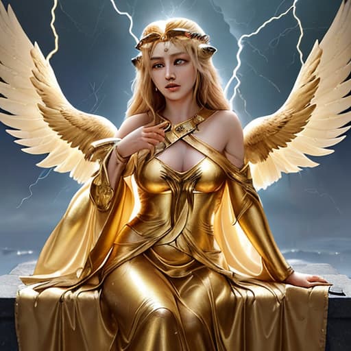  Io, priestess of the goddess Hera, makes a sacrifice in the rays of the sacred fire in the temple; in her right hand she holds a long gilded knife, and on her left shoulder sits an eagle with its wings spread, against the backdrop of a night thunderstorm with lightning, photorealism