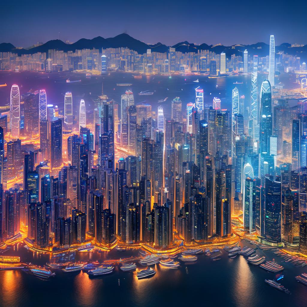  A breathtaking masterpiece capturing the stunning landscapes of Hong Kong, rendered in the best quality with an 8k resolution. This ultra-detailed artwork portrays the vibrant city skyline at dusk, illuminated by a myriad of dazzling lights. The main subject of the scene is a majestic Victoria Harbour, ((glistening under the night sky)). The scene also features iconic elements such as the ((glowing skyscrapers)), bustling boats navigating the water, ((a bustling night market)), and the famous ((Star Ferry)) crossing the harbor. The colors in this artwork are rich and vibrant, with a combination of warm tones from the city lights and cool hues from the deep blue water. The lighting is carefully crafted to showcase the contrast between the il hyperrealistic, full body, detailed clothing, highly detailed, cinematic lighting, stunningly beautiful, intricate, sharp focus, f/1. 8, 85mm, (centered image composition), (professionally color graded), ((bright soft diffused light)), volumetric fog, trending on instagram, trending on tumblr, HDR 4K, 8K