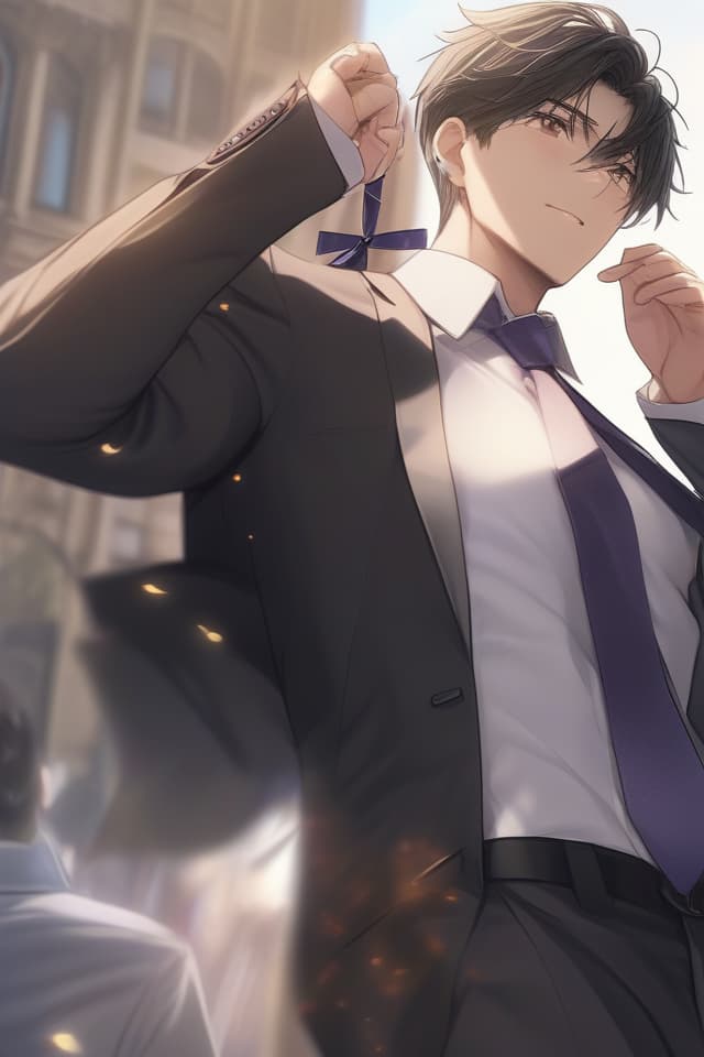  Masterpiece,one businessman male,handsome,delicate black hair,delicate dark brown eye color,tired,Sweaty midsummer,hot,blazing sun,larynx,collarbone,hands loosening tie,business district,high quality,8K