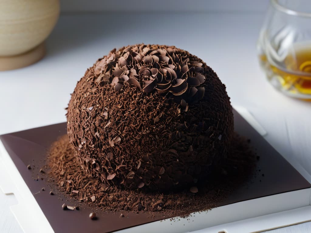  A closeup, ultradetailed image of a single dark, earthy truffle resting on a bed of delicate, glistening chocolate shavings. The truffle's textured surface reflects the soft ambient light, showcasing its irregular shape and intricate patterns. The chocolate curls below it are meticulously arranged, creating a visually striking contrast between the rough exterior of the truffle and the smooth, glossy chocolate. The overall composition exudes a sense of elegance and sophistication, inviting the viewer to appreciate the beauty and complexity of this exquisite ingredient. hyperrealistic, full body, detailed clothing, highly detailed, cinematic lighting, stunningly beautiful, intricate, sharp focus, f/1. 8, 85mm, (centered image composition), (professionally color graded), ((bright soft diffused light)), volumetric fog, trending on instagram, trending on tumblr, HDR 4K, 8K