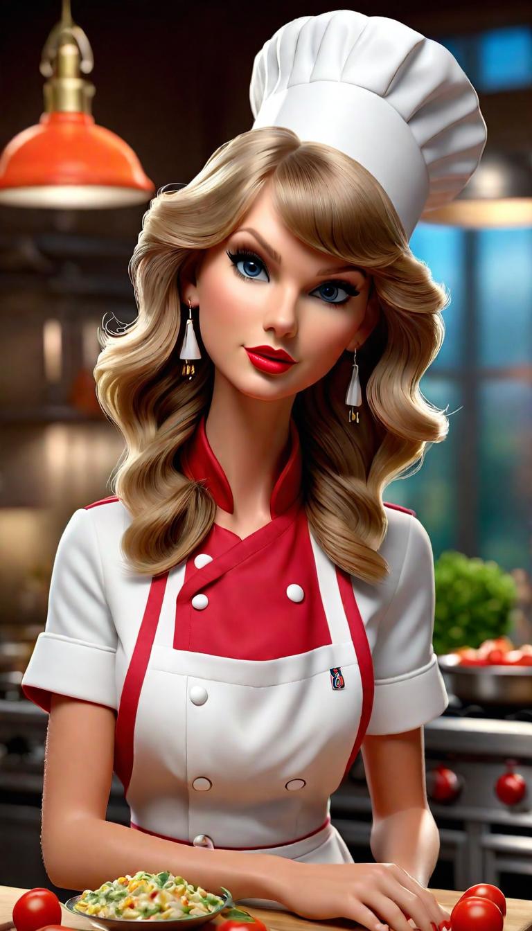  Professional 3D model of Taylor Swift as a chef . Rendered with Octane, the model is highly detailed,dramatic lighting. hyperrealistic, full body, detailed clothing, highly detailed, cinematic lighting, stunningly beautiful, intricate, sharp focus, f/1. 8, 85mm, (centered image composition), (professionally color graded), ((bright soft diffused light)), volumetric fog, trending on instagram, trending on tumblr, HDR 4K, 8K