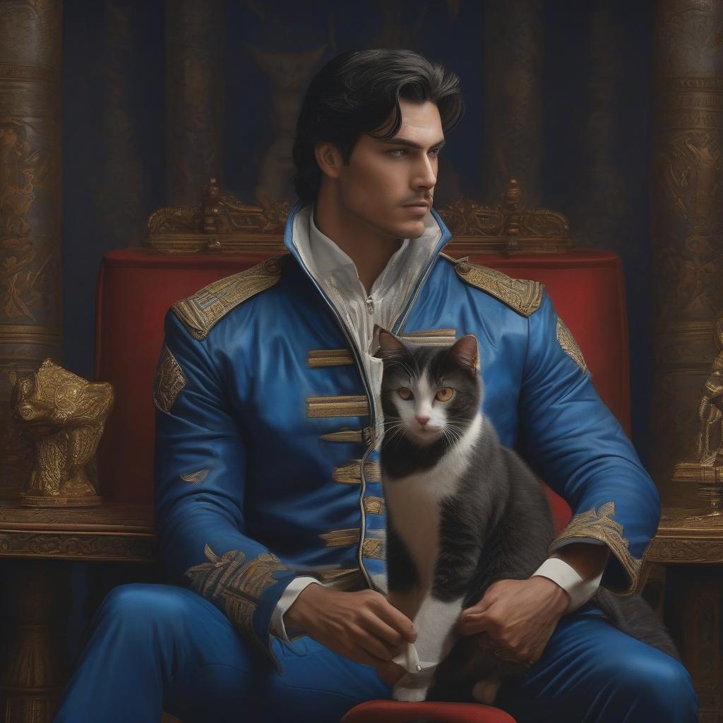  A young man with dark hair, one white eye, wearing a blue military jacket, has a sly expression on his face, holding a playing card, a three colored cat is sitting on his left shoulder, standing against the backdrop of an occult ritual. hyperrealistic, full body, detailed clothing, highly detailed, cinematic lighting, stunningly beautiful, intricate, sharp focus, f/1. 8, 85mm, (centered image composition), (professionally color graded), ((bright soft diffused light)), volumetric fog, trending on instagram, trending on tumblr, HDR 4K, 8K