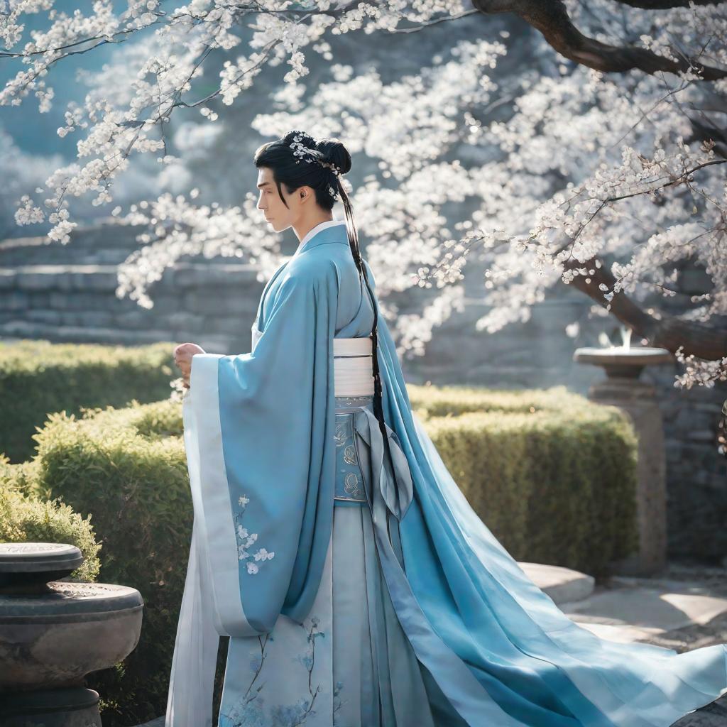  masterpiece, best quality, An man, Side Face, Quiet, Light Blue Hanfu, Tulle Coat, Long Black Hair, Light Blue Fringed Hair Ornament, Hairpin, White Ribbon, White Flower Bush, Light Blue Butterfly Flying, cinematic lighting effects