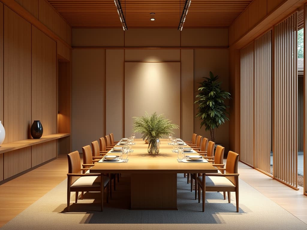  experience an unedited 8k photograph of a formal dining room, brilliantly capturing the essence of japanese style, defined by simplicity, minimalism, and harmony with nature. the image, akin to a simon upton masterpiece, showcases hyperrealistic and photorealistic details. it is styled with bright, soft diffused lighting and professionally color graded to highlight intricate details and dense furnishings. the bamboo wood material complements the clean lines and tranquil atmosphere, making this photograph a stunningly beautiful visual narrative in a cinematic style.