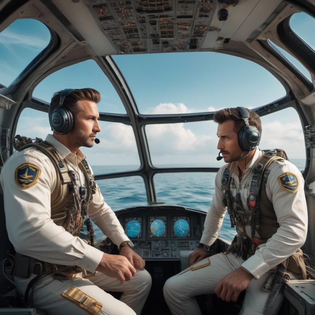  Two male pilots inside a flying craft. They fly over the water surface. One of the men is close to the window of the craft. Mermaids emerge from the water. hyperrealistic, full body, detailed clothing, highly detailed, cinematic lighting, stunningly beautiful, intricate, sharp focus, f/1. 8, 85mm, (centered image composition), (professionally color graded), ((bright soft diffused light)), volumetric fog, trending on instagram, trending on tumblr, HDR 4K, 8K