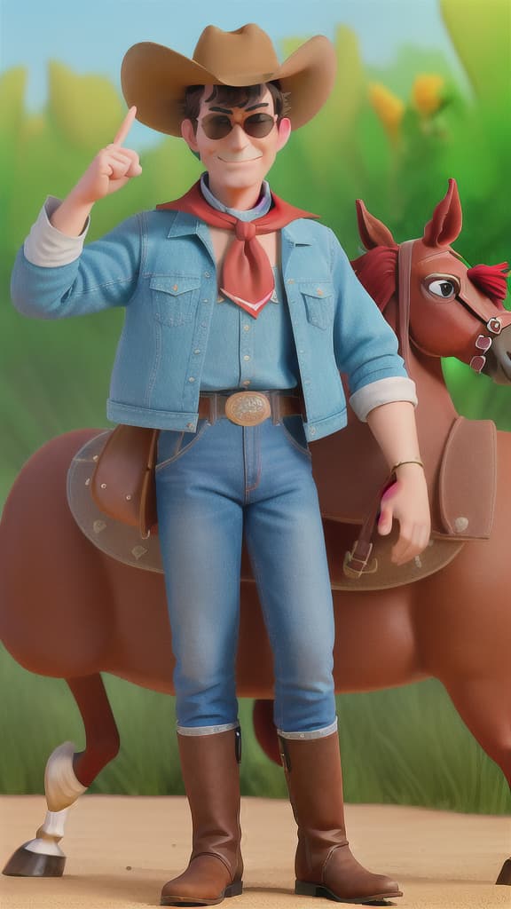  masterpiece, best quality, masterpiece,best quality,full body,cowboy shot,exquisite facial features,prefect face,male,solo,closed mouth,short hair,black hair,wavy hair,red neckerchief,sunglasses,denim jacket,western,belt,Cowboy hat,boots,look at viewer,upright straddle,(horse riding:1.1),holding flower,in spring,sun,on a desert,disney movie,style of Pixar,(middle_finger:1.1),smirk,wince