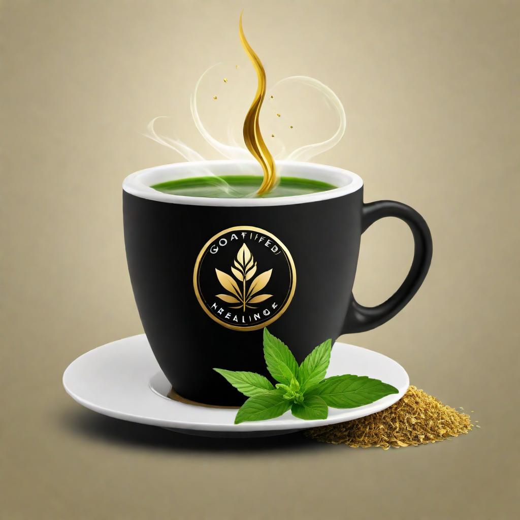  Design a logo for 'GOATIFIED HEALING' featuring a black, gold, green, and white color scheme. The logo should depict a cup filled with natural herbs, with steam rising from the top. The style should be clean and professional, suitable for social media promotion and branding materials for a business selling natural herbs worldwide. hyperrealistic, full body, detailed clothing, highly detailed, cinematic lighting, stunningly beautiful, intricate, sharp focus, f/1. 8, 85mm, (centered image composition), (professionally color graded), ((bright soft diffused light)), volumetric fog, trending on instagram, trending on tumblr, HDR 4K, 8K