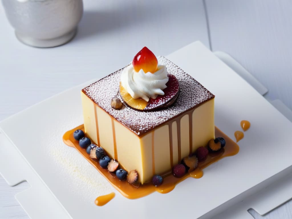  A minimalistic, highresolution image of a beautifully reinvented classic dessert, showcasing intricate layers of a modern twist on a traditional treat. The dessert is elegantly presented on a sleek, white plate with artistic drizzles of sauce and delicate garnishes, exuding a sense of sophistication and innovation in dessertmaking. The focus is on the exquisite details and textures of the dessert, inviting the viewer to appreciate the artistry behind the reinvention of classic sweets. hyperrealistic, full body, detailed clothing, highly detailed, cinematic lighting, stunningly beautiful, intricate, sharp focus, f/1. 8, 85mm, (centered image composition), (professionally color graded), ((bright soft diffused light)), volumetric fog, trending on instagram, trending on tumblr, HDR 4K, 8K