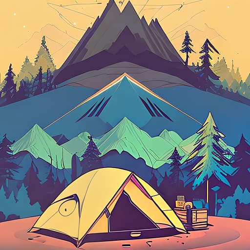 nvinkpunk Whimsical mountains with trees, and camping tent with campfire