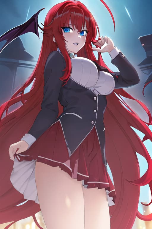  masterpiece, best quality, 1women, long red hair, looking at viewer, :3, cute, black school uniform, outdoors, streets, cowboy shot, curvy, (((blue eyes))), rias gremory, red hair, antenna hair, wavy hair, ((beautiful detailed eyes, beautiful detailed glow, lots of glow)), anime screencap,(Vampire:1.2), Dark hair, masterpiece, best quality, high quality, solo