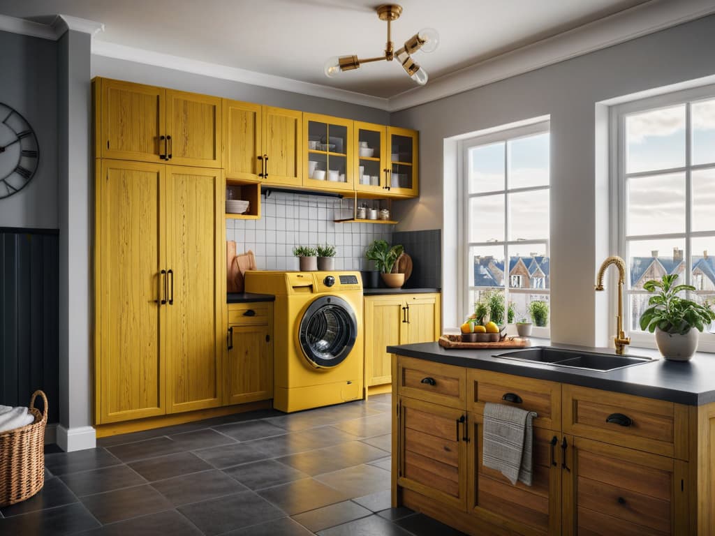   A modern kitchen with mustard yellow cabinets, black countertops, and gray floor tiles. Includes a washing machine, gas stove, white subway tile backsplash, wooden shelves, and plentiful natural light from the black framed window, Cinematic photo, highly detailed, cinematic lighting, ultra detailed, ultrarealistic, photorealism, 8k.  hyperrealistic, full body, detailed clothing, highly detailed, cinematic lighting, stunningly beautiful, intricate, sharp focus, f/1. 8, 85mm, (centered image composition), (professionally color graded), ((bright soft diffused light)), volumetric fog, trending on instagram, trending on tumblr, HDR 4K, 8K