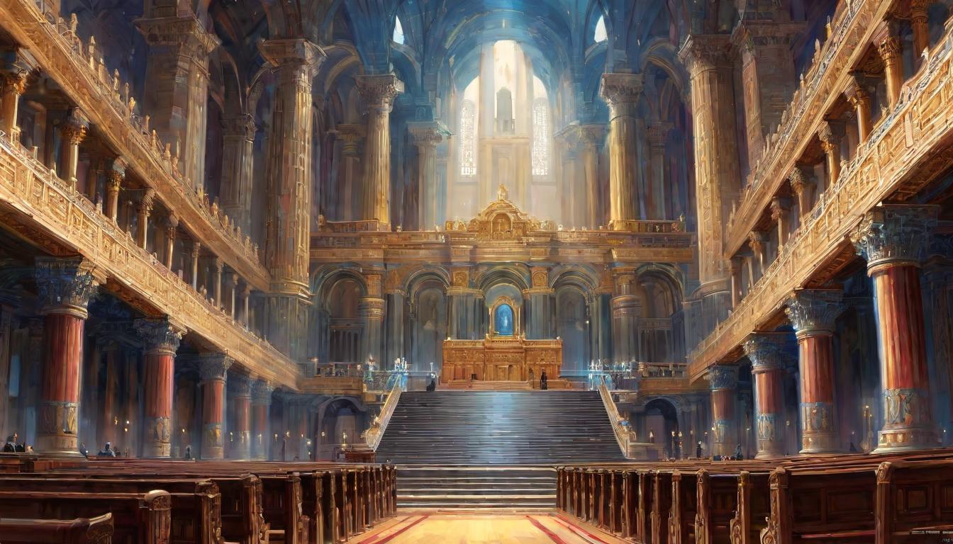  digital painting of Grand courtroom, celestial pillars, divine scales, aura of authority and solemnity, majestic and reverent looking at viewer, dynamic pose, (intricate details, masterpiece, best quality)