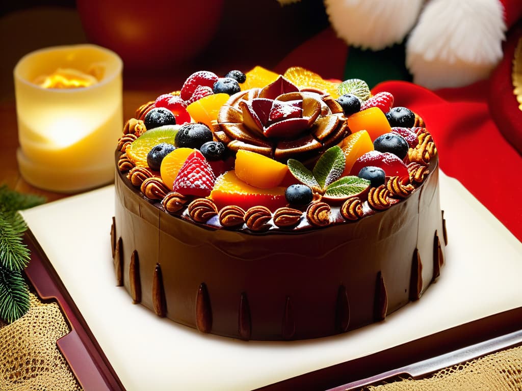  A closeup, ultradetailed image of a decadent Christmas fruitcake topped with meticulously arranged gourmet candied fruits, showcasing vibrant colors and intricate details. hyperrealistic, full body, detailed clothing, highly detailed, cinematic lighting, stunningly beautiful, intricate, sharp focus, f/1. 8, 85mm, (centered image composition), (professionally color graded), ((bright soft diffused light)), volumetric fog, trending on instagram, trending on tumblr, HDR 4K, 8K