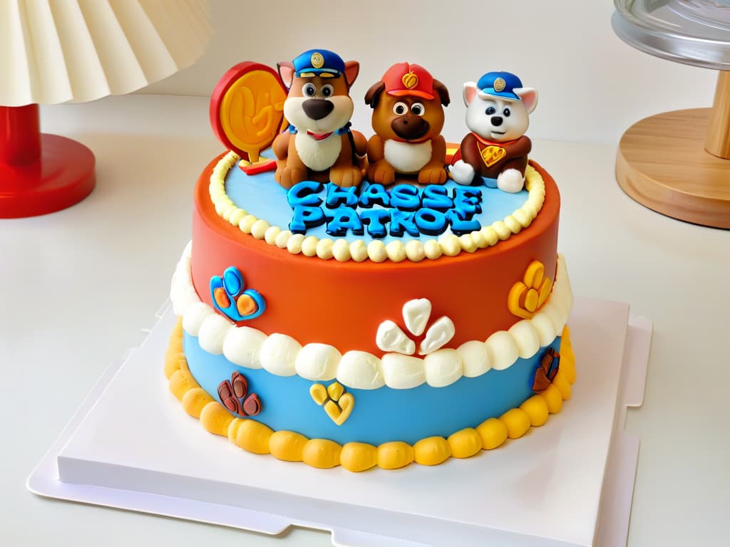  An ultradetailed, photorealistic image of a colorful Paw Patrolthemed cake with intricate frosting detailing featuring the characters Chase, Marshall, Skye, and Rubble. The cake is displayed on a pristine white cake stand against a soft, blurred background to emphasize the vibrant colors and meticulous design of the edible masterpiece. Each character is accurately depicted with precise attention to detail, from their iconic uniforms to their friendly expressions, making this confection a delightful and visually captivating treat for any Paw Patrol fan. hyperrealistic, full body, detailed clothing, highly detailed, cinematic lighting, stunningly beautiful, intricate, sharp focus, f/1. 8, 85mm, (centered image composition), (professionally color graded), ((bright soft diffused light)), volumetric fog, trending on instagram, trending on tumblr, HDR 4K, 8K