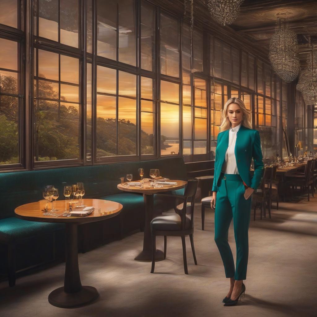  A blonde young woman in a dark turquoise trouser suit sits at a table, dreamy in an elite restaurant with a panorama of the river by Craig Mullins, delicate graceful facial features, artwork masterpiece, highly detailed, ultra high quality model, realistic, hdr, hyperdetailed approaching perfection, warm light, glare, play of shadow and light. hyperrealistic, full body, detailed clothing, highly detailed, cinematic lighting, stunningly beautiful, intricate, sharp focus, f/1. 8, 85mm, (centered image composition), (professionally color graded), ((bright soft diffused light)), volumetric fog, trending on instagram, trending on tumblr, HDR 4K, 8K