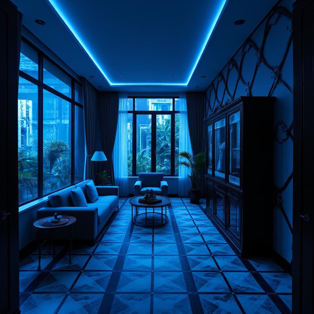  good quality, high quality, capture an unedited 8k photograph styled after mario testino, featuring a sharp, hyperrealistic, and highly detailed view of a living room designed in the art deco style, marked by 1920s 30s geometric patterns and luxury materials. the image introduces a vibrant blue effect (rgb color value for blue), professionally color graded with bright, soft diffused light, and shot using a 100mm f/2.8 telephoto lens under nocturnal lighting. this image, reminiscent of a mystery movie, employs cinestill 800t film grain to enhance a nostalgic style, drawing inspiration from past decades with vintage color schemes and dense, intricately blurred backgrounds that amplify the scene's stunning beauty.