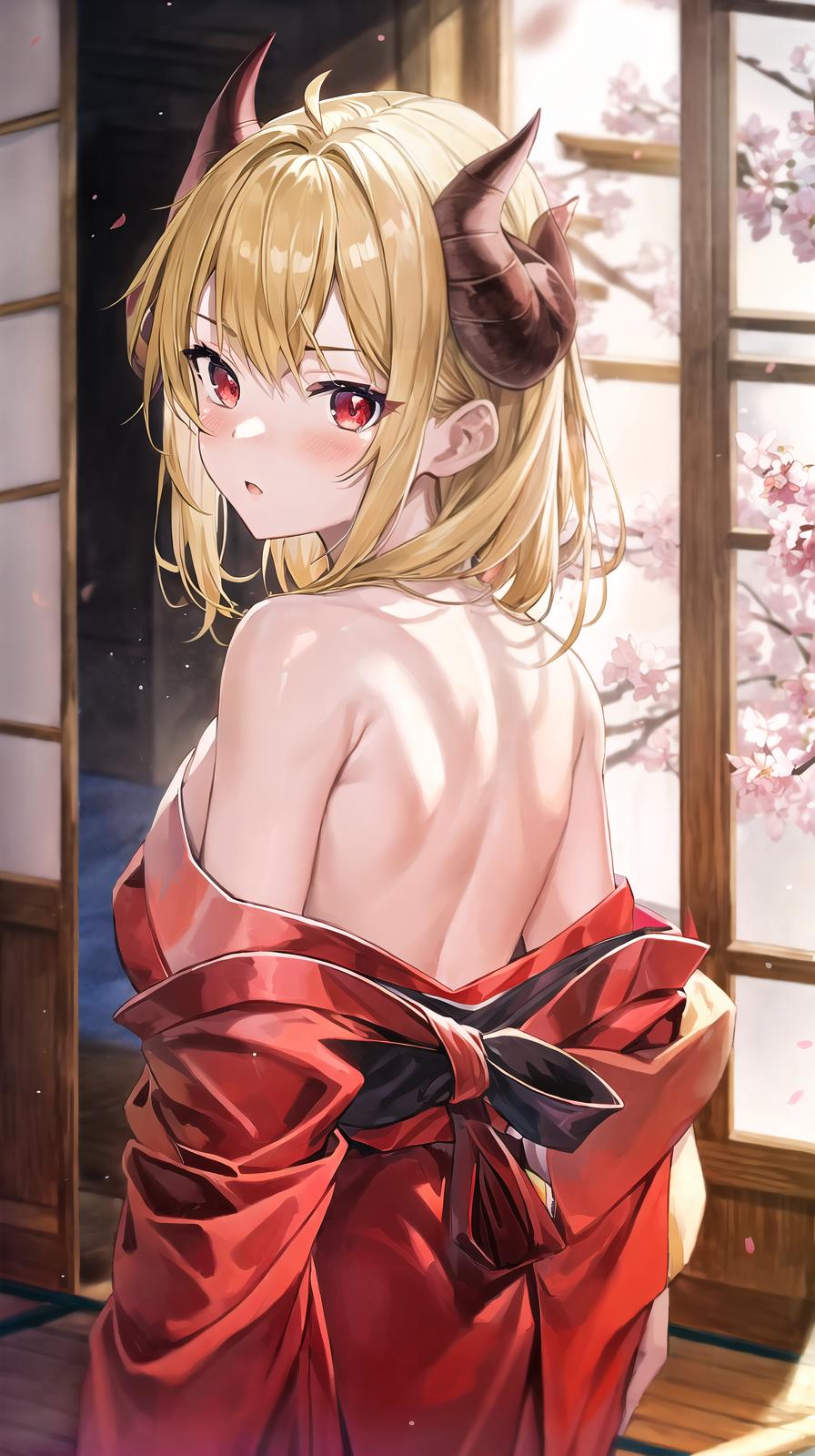  master piece , best quality,score 9, score 8 up, score 7 up, score 6 up, source anime, oni, kitagawa marin, oni horns, skin covered horns, japanese clothes, red kimono, solo, blonde hair, red eyes, cowboy shot, indoors, bare shoulders, from behind, looking back, blush, cherry blossoms, depth of field, masterpeice, best quality, very aesthetic, absurdres