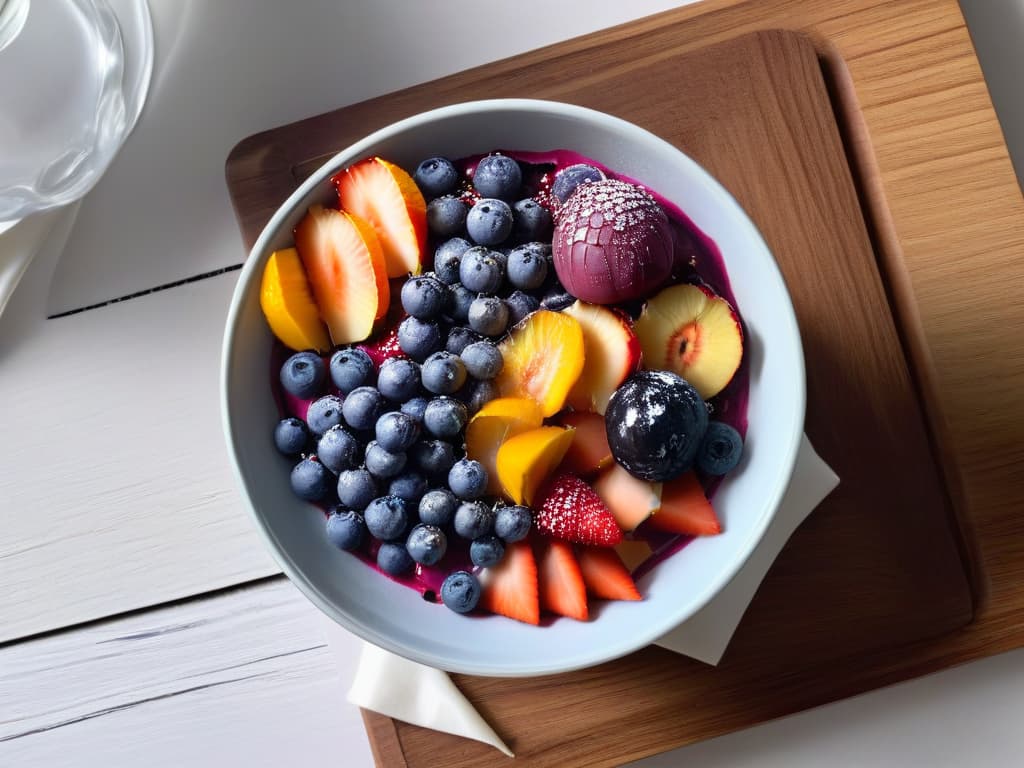  An elegant and minimalistic image of a vibrant açaí bowl topped with fresh fruits, nuts, and seeds, set against a clean white background. The deep purple hues of the açaí contrast beautifully with the colorful toppings, creating a visually appealing and appetizing composition that embodies the essence of incorporating açaí into pastry creations. hyperrealistic, full body, detailed clothing, highly detailed, cinematic lighting, stunningly beautiful, intricate, sharp focus, f/1. 8, 85mm, (centered image composition), (professionally color graded), ((bright soft diffused light)), volumetric fog, trending on instagram, trending on tumblr, HDR 4K, 8K