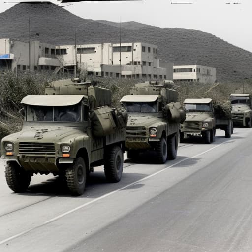  Image of military trucks and soldiers on it near destroyed hospital (1960s)