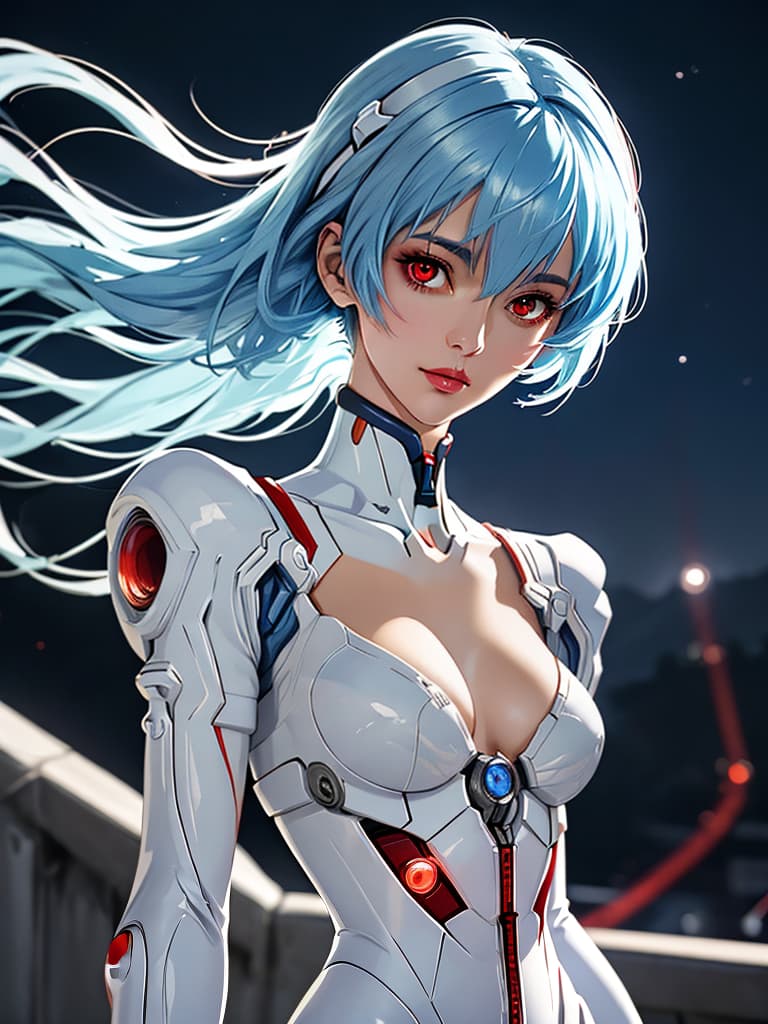  (best quality, masterpiece, colorful, highest detailed) upper body photo, fashion photography of cute (Rei Ayanami), intense red eyes, in high detailed textured Evangelion white plugsuit, (light smile:0.3), moonlight passing through light blue hair, (night beautiful background:1.3), (intricate details), (dynamic angle)  hyperrealistic, full body, detailed clothing, highly detailed, cinematic lighting, stunningly beautiful, intricate, sharp focus, f/1. 8, 85mm, (centered image composition), (professionally color graded), ((bright soft diffused light)), volumetric fog, trending on instagram, trending on tumblr, HDR 4K, 8K