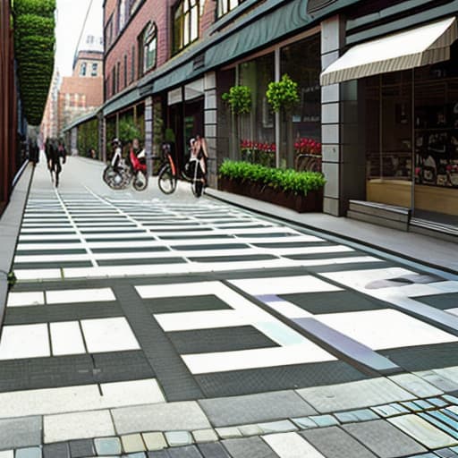  Urban sidewalk design for people without car traffic, the sidewalk walls of commercial shops are brick-faced, the path is covered with creeping plants and gardens, geometric shapes flooring with tiles