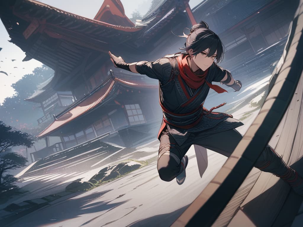  Japanese style, landing, ninja, handsome man, knees, masterpiece, best quality,8k,ultra detailed,high resolution,an extremely delicate and beautiful,hyper detail