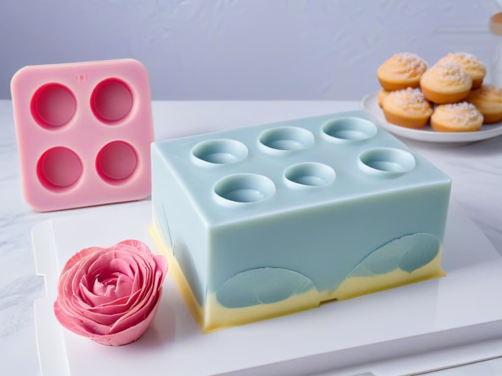  A closeup, ultradetailed image of a set of sleek, highend silicone baking molds arranged on a pristine marble countertop. The molds are varied in shape and size, showcasing intricate details like floral patterns and geometric designs. The soft, pastel hues of the silicone molds contrast beautifully with the elegant white backdrop, creating a visually striking and minimalistic composition that conveys sophistication and innovation in the world of pastry making. hyperrealistic, full body, detailed clothing, highly detailed, cinematic lighting, stunningly beautiful, intricate, sharp focus, f/1. 8, 85mm, (centered image composition), (professionally color graded), ((bright soft diffused light)), volumetric fog, trending on instagram, trending on tumblr, HDR 4K, 8K