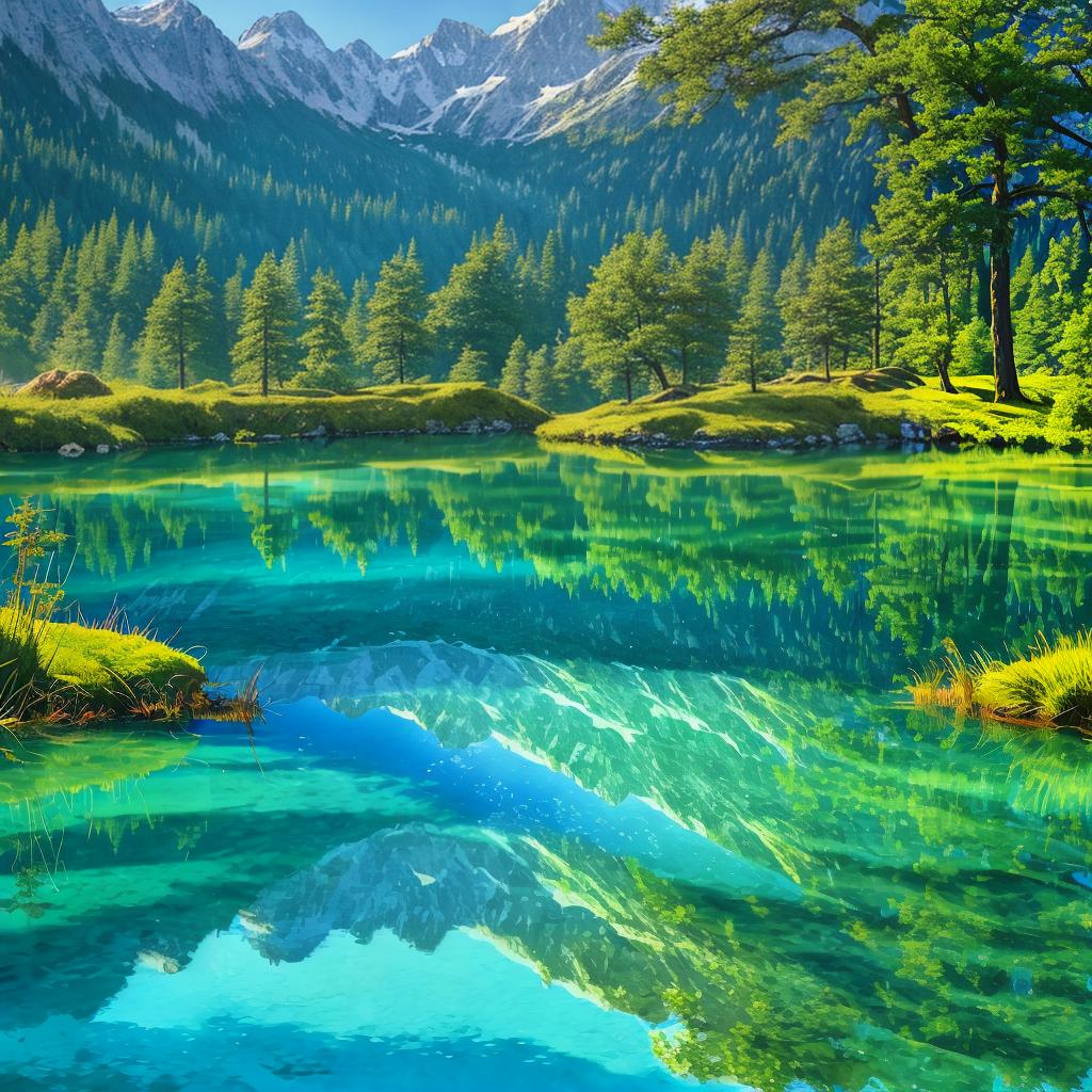  in a fantasy setting, Convey the serene majesty of towering mountains reflected in the crystal-clear waters of a tranquil alpine lake, using your unique artistic vision to evoke a sense of awe and tranquility.