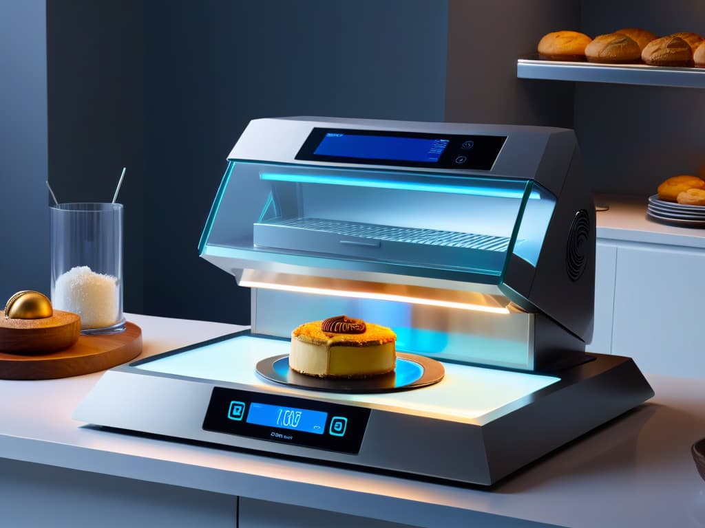  An ultradetailed 8k image of a sleek, futuristic kitchen countertop with advanced baking tools neatly arranged, showcasing a holographic recipe display hovering above a stateoftheart mixer. The background features soft, ambient lighting that highlights the precision and elegance of the tools, creating a visually stunning and aspirational scene for the future of pastry making. hyperrealistic, full body, detailed clothing, highly detailed, cinematic lighting, stunningly beautiful, intricate, sharp focus, f/1. 8, 85mm, (centered image composition), (professionally color graded), ((bright soft diffused light)), volumetric fog, trending on instagram, trending on tumblr, HDR 4K, 8K