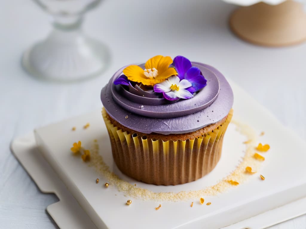  A closeup, highresolution image of a beautifully decorated glutenfree gourmet cupcake with intricate frosting details, delicate edible flowers, and a dusting of gold flakes on a sleek, minimalist white plate. The cupcake is perfectly lit to showcase the texture and colors, highlighting the craftsmanship and artistry that goes into creating a delectable glutenfree treat in the realm of gourmet pastry. The background is softly blurred to keep the focus solely on the exquisite cupcake, inviting the viewer to appreciate the intricate details and elegance of glutenfree gourmet baking. hyperrealistic, full body, detailed clothing, highly detailed, cinematic lighting, stunningly beautiful, intricate, sharp focus, f/1. 8, 85mm, (centered image composition), (professionally color graded), ((bright soft diffused light)), volumetric fog, trending on instagram, trending on tumblr, HDR 4K, 8K