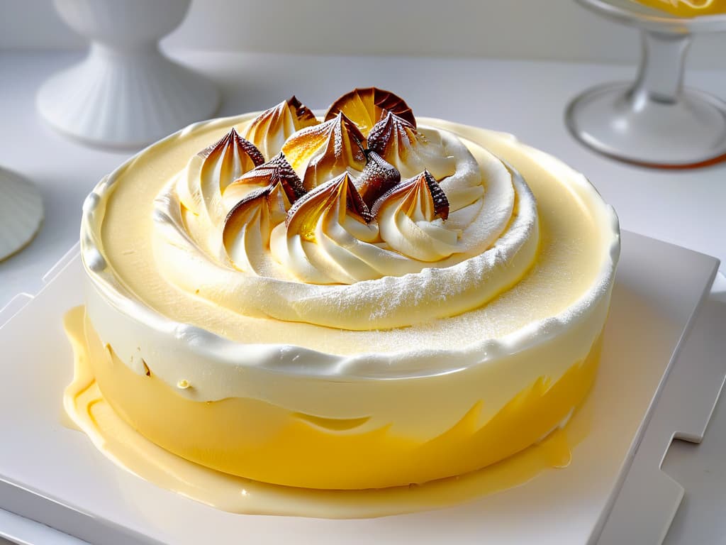  A closeup, ultradetailed image of a perfectly torched meringue swirl on top of a zesty lemon cream in a sleek, modern glass dessert dish. The meringue is caramelized to a golden brown, with delicate peaks and valleys, glistening under a soft, natural light that highlights the texture and color contrast between the fluffy meringue and the creamy lemon base. The glass dish sits on a clean, white marble surface, exuding an elegant and sophisticated vibe that perfectly complements the minimalistic style of the article. hyperrealistic, full body, detailed clothing, highly detailed, cinematic lighting, stunningly beautiful, intricate, sharp focus, f/1. 8, 85mm, (centered image composition), (professionally color graded), ((bright soft diffused light)), volumetric fog, trending on instagram, trending on tumblr, HDR 4K, 8K