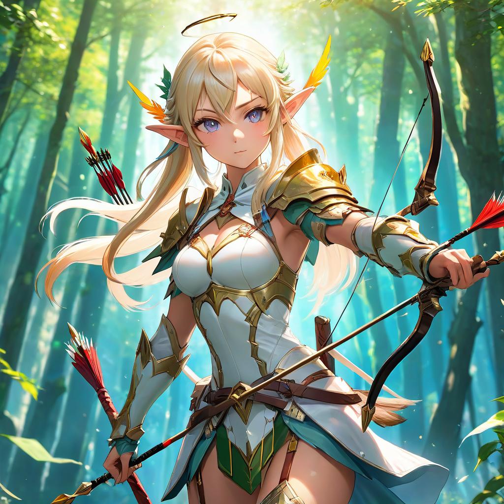  anime artwork (masterpiece, high quality, texturing: 1.3), double exposure, elf warrior girl, White light armor, bow and arrows behind her back. HDR, 4k . anime style, key visual, vibrant, studio anime, highly detailed hyperrealistic, full body, detailed clothing, highly detailed, cinematic lighting, stunningly beautiful, intricate, sharp focus, f/1. 8, 85mm, (centered image composition), (professionally color graded), ((bright soft diffused light)), volumetric fog, trending on instagram, trending on tumblr, HDR 4K, 8K