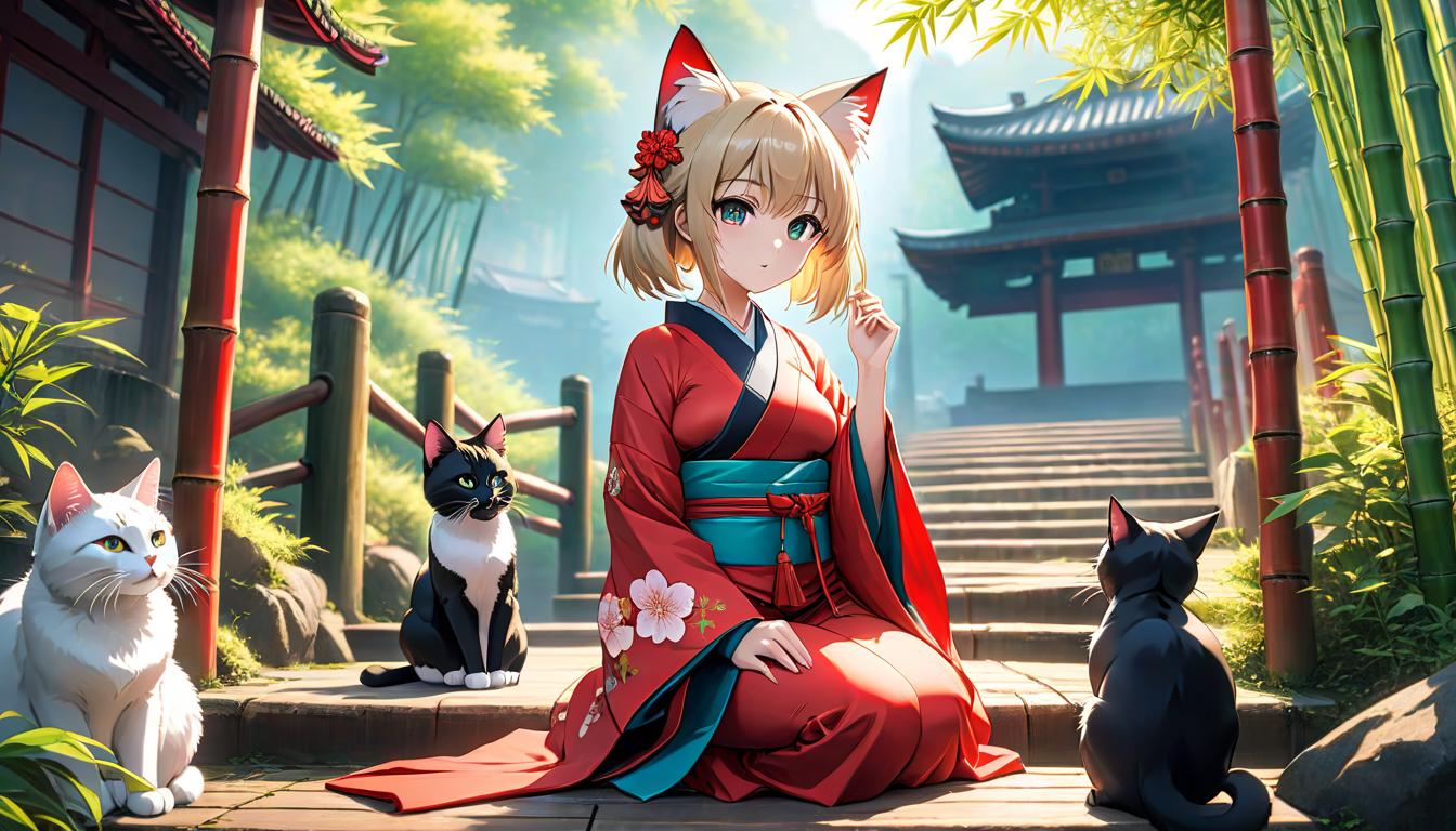  anime artwork Photographic, shrine, bamboo and stairs, river, girl in kimono, cat ears, cute face, real face, . anime style, key visual, vibrant, studio anime, highly detailed hyperrealistic, full body, detailed clothing, highly detailed, cinematic lighting, stunningly beautiful, intricate, sharp focus, f/1. 8, 85mm, (centered image composition), (professionally color graded), ((bright soft diffused light)), volumetric fog, trending on instagram, trending on tumblr, HDR 4K, 8K