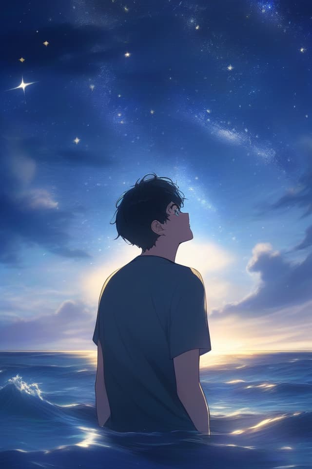  In the sea, a young man is looking up at the starry sky alone