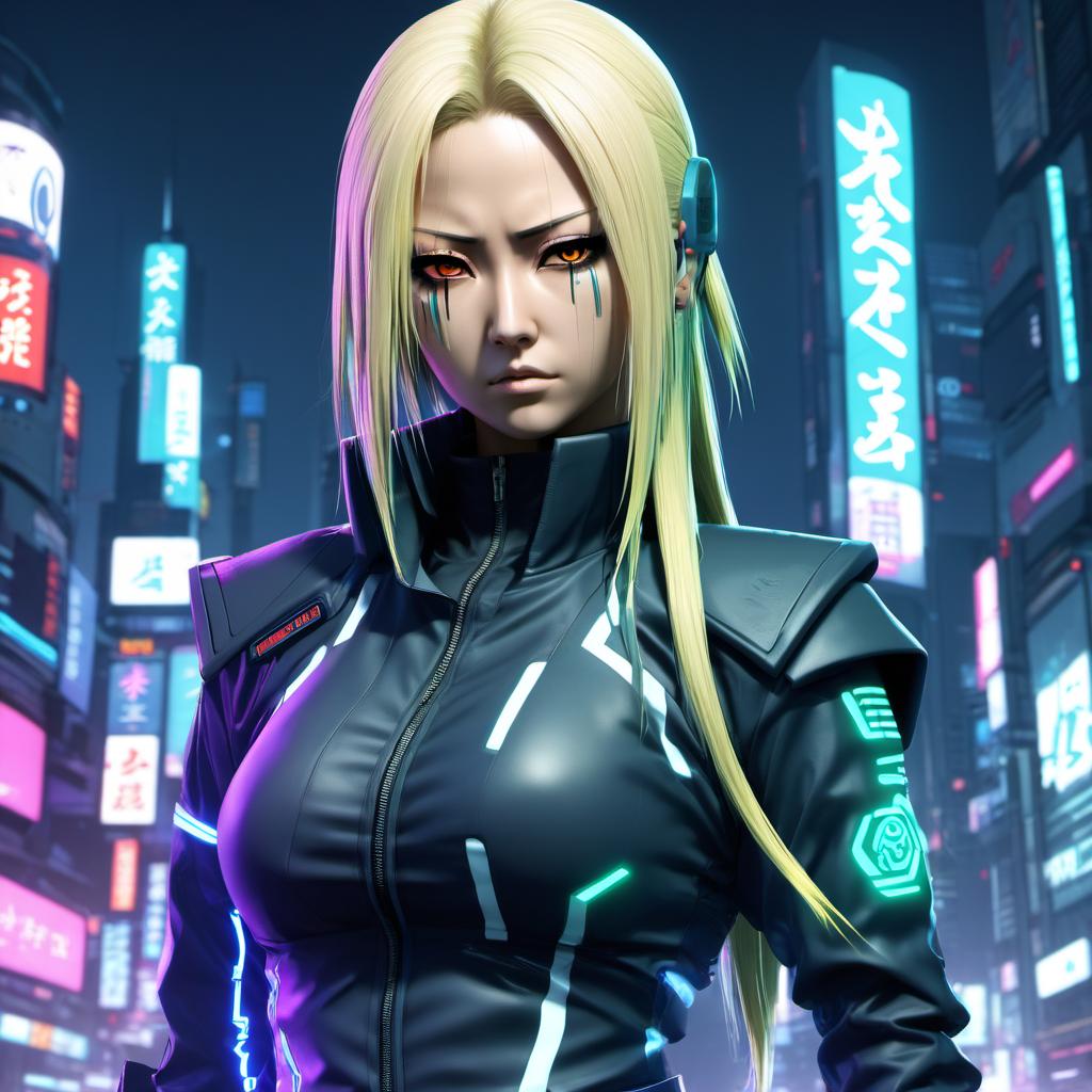  cyberpunk game style Tsunade senju in high  uniform, hd quality, masterpiece  --e sdxlceshi . neon, dystopian, futuristic, digital, vint, detailed, high contrast, reminiscent of cyberpunk genre video games