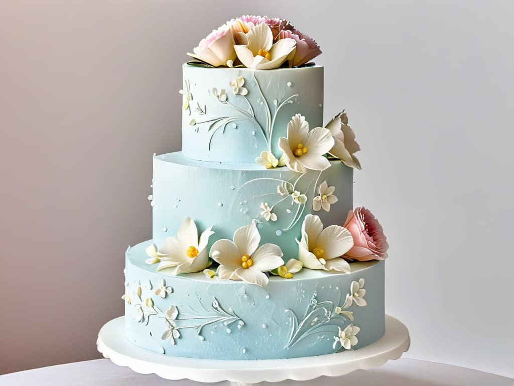  A closeup, ultradetailed image of a delicate, intricately designed wedding cake adorned with cascading sugar flowers in soft pastel hues. The focus is on the meticulous craftsmanship of the sugary petals, each petal glistening with a lifelike sheen, showcasing the artistry and skill required in the world of pastry design. The background is a subtle, monochromatic palette, allowing the vibrant colors of the flowers to pop and captivate the viewer. hyperrealistic, full body, detailed clothing, highly detailed, cinematic lighting, stunningly beautiful, intricate, sharp focus, f/1. 8, 85mm, (centered image composition), (professionally color graded), ((bright soft diffused light)), volumetric fog, trending on instagram, trending on tumblr, HDR 4K, 8K