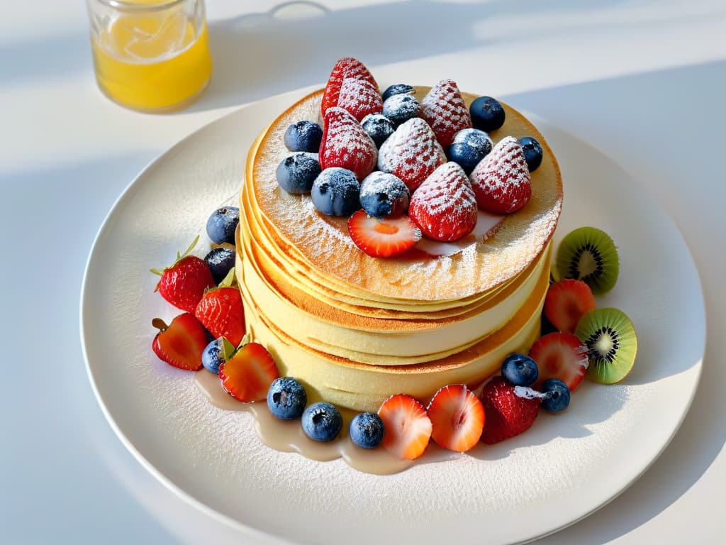  An ultradetailed, minimalist image of a colorful array of freshly made crepes stacked on top of each other, drizzled with various syrups and garnished with fresh fruits like strawberries, blueberries, and kiwi. The crepes are delicately folded and placed on a sleek, modern plate against a clean, white background to highlight their vibrant colors and intricate textures. The lighting is soft, casting gentle shadows to add depth and dimension to the scene, creating a visually striking and appetizing composition that captures the essence of crepe celebrations in North America. hyperrealistic, full body, detailed clothing, highly detailed, cinematic lighting, stunningly beautiful, intricate, sharp focus, f/1. 8, 85mm, (centered image composition), (professionally color graded), ((bright soft diffused light)), volumetric fog, trending on instagram, trending on tumblr, HDR 4K, 8K