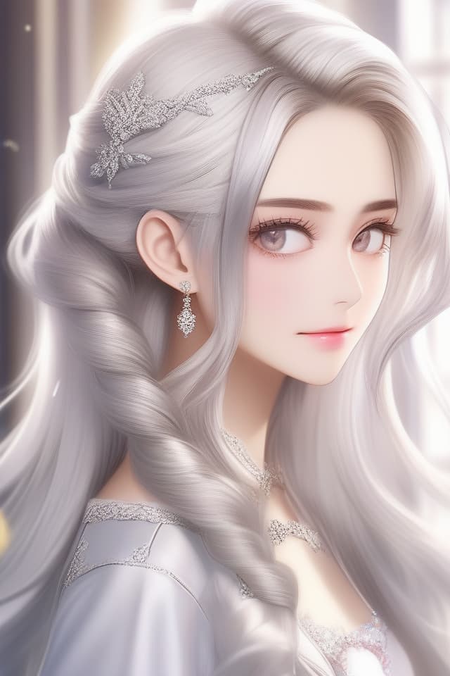  (Hairstyle to see the forehead) , (Beautiful Silver Hair Parted in Center) Long hair, SAINTLY ATTIRE, High Quality, 8k