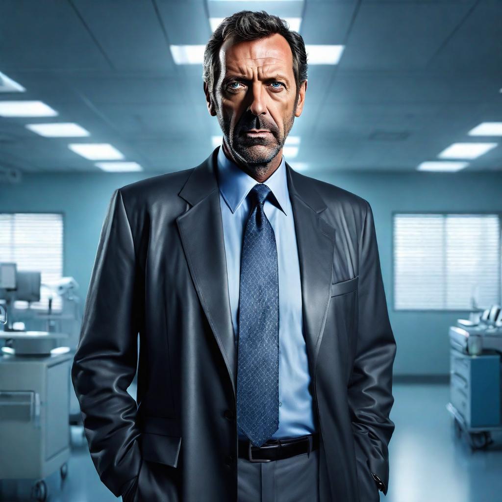  a 3D rendered (((cartoon character))) of ((Dr. House from the TV series House M.D.)), standing in a (hospital setting), with his (iconic cane) and ((sarcastic expression)), (hyperrealistic), (detailed clothing), (highly detailed), (cinematic lighting), (stunningly beautiful), (intricate), (sharp focus), (f/1.8), (85mm), ((centered image composition)), ((professionally color graded)), ((bright soft diffused light)), (volumetric fog), ((trending on instagram)), ((trending on tumblr)), (HDR 4K), (8K) hyperrealistic, full body, detailed clothing, highly detailed, cinematic lighting, stunningly beautiful, intricate, sharp focus, f/1. 8, 85mm, (centered image composition), (professionally color graded), ((bright soft diffused light)), volumetric fog, trending on instagram, trending on tumblr, HDR 4K, 8K