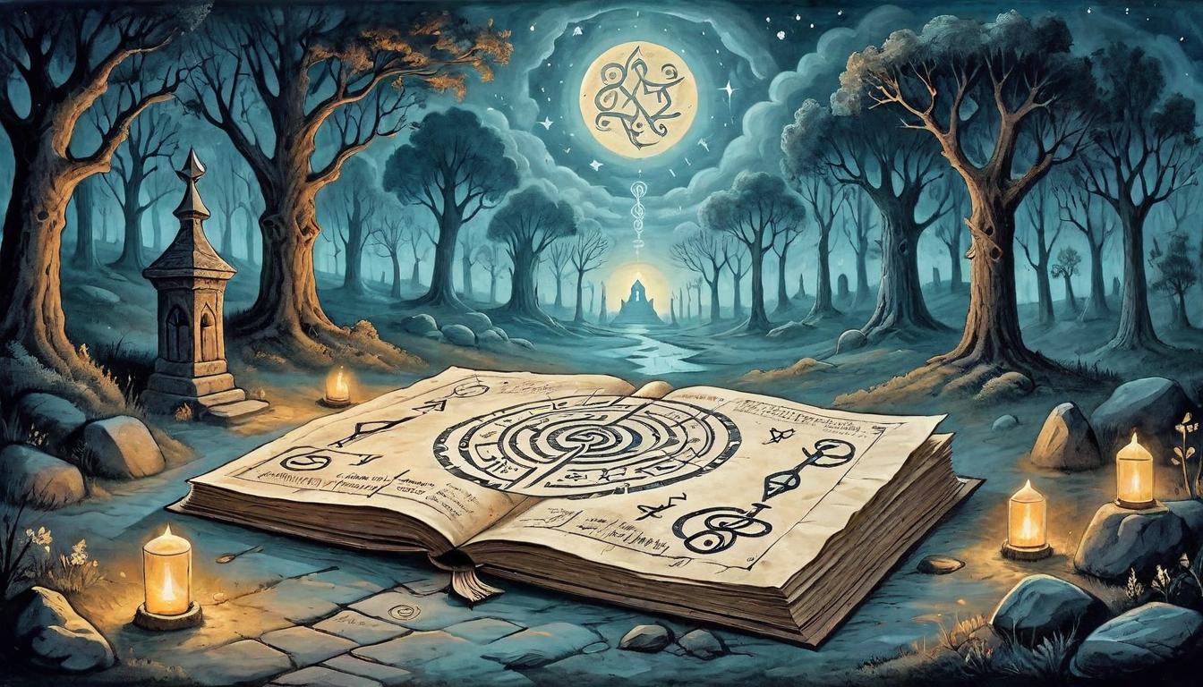  on parchment, surrealism+++, A path lit by glowing runes, ancient symbols on stone under a twilight sky, affirming signs, synchronicity, alignment with cosmic truths, guided by fate(mysterious, provocative, symbolic,muted color)+++