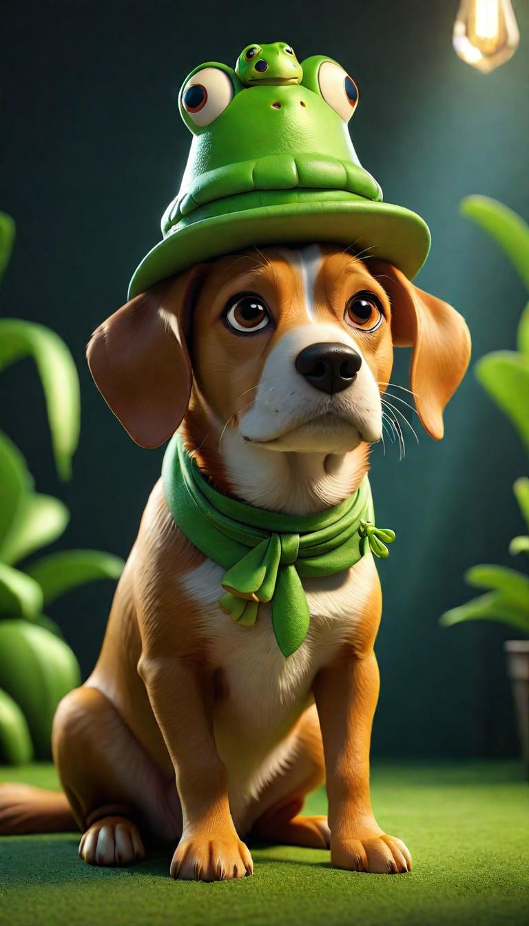  Professional 3D model of Dog wearing a frog hat . Rendered with Octane, the model is highly detailed,dramatic lighting. hyperrealistic, full body, detailed clothing, highly detailed, cinematic lighting, stunningly beautiful, intricate, sharp focus, f/1. 8, 85mm, (centered image composition), (professionally color graded), ((bright soft diffused light)), volumetric fog, trending on instagram, trending on tumblr, HDR 4K, 8K