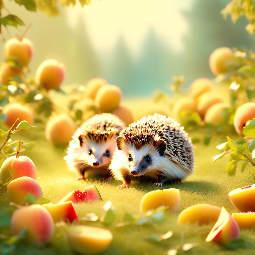  ethereal fantasy concept art of (Background) The time of year spring. A blossoming peach orchard. On the lawn a blue tablecloth with golden fringe behind the tablecloth two hedgehogs are sitting together eating a ripe watermelon slice. Ripe peaches lie on the grass around the tablecloth. . magnificent, celestial, ethereal, painterly, epic, majestic, magical, fantasy art, cover art, dreamy hyperrealistic, full body, detailed clothing, highly detailed, cinematic lighting, stunningly beautiful, intricate, sharp focus, f/1. 8, 85mm, (centered image composition), (professionally color graded), ((bright soft diffused light)), volumetric fog, trending on instagram, trending on tumblr, HDR 4K, 8K